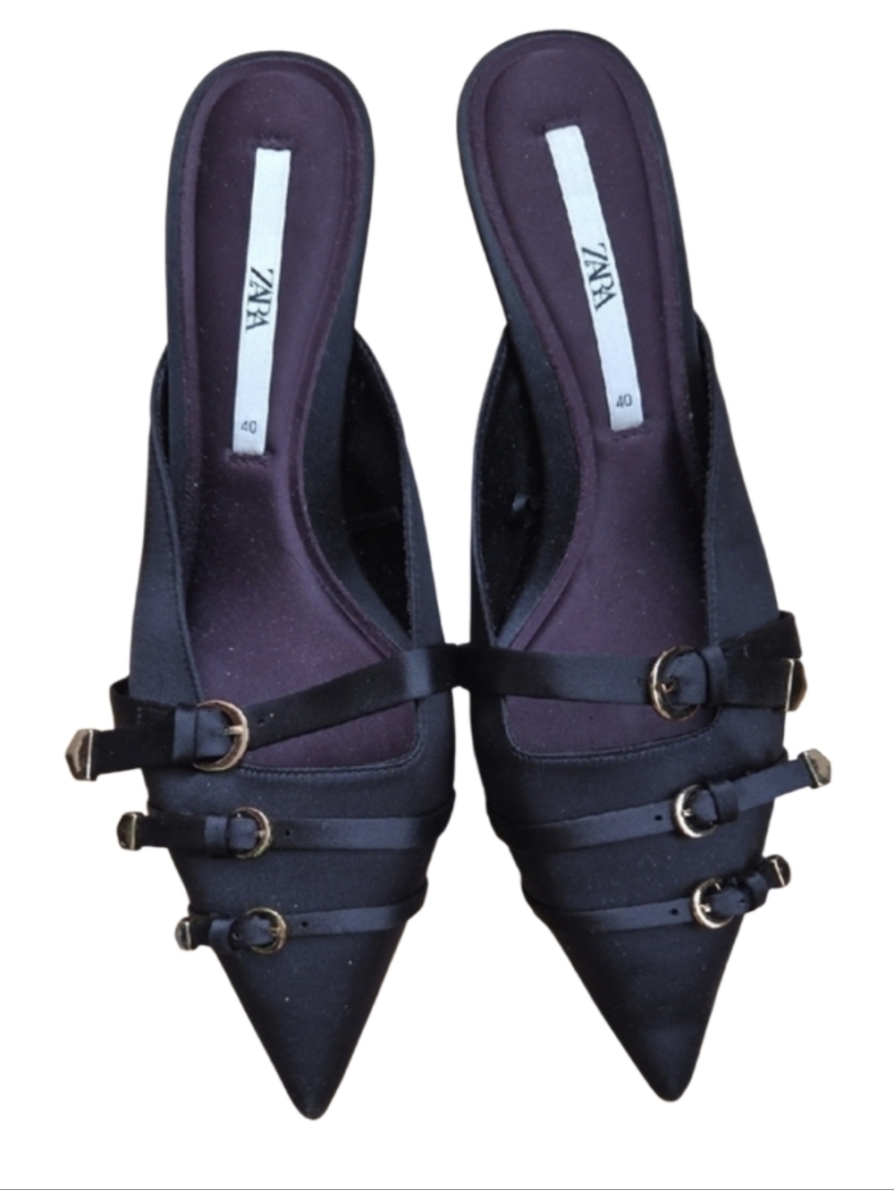 Zara Black Satiny Pointed Slip-On Mules with Gold Buckles